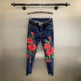 Women's Jeans Oversized Pencil Pants Skinny High Waist Ankle-Length Woman Denim Rose Flower Print Embroidery Trousers For Women