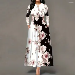 Casual Dresses Women Floral Print Boho Maxi Dress O Neck Long Sleeve With Pocket Elegant Double Pockets Big Hem Fall Vestidos Robe