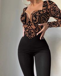 Women's Jumpsuits Rompers Bodysuit Womens Casual Sexy Deep V-Neck Tight Bodysuit Solid Color Dress Bodysuit Long Sleeve Top Sports Fitness Clothing Y240521