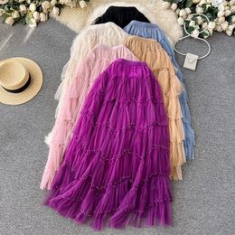 Skirts Women Tulle Long Skirt 2024 Autumn Winter Fashion Beading A Line High Waist Tutu Mesh Maxi Female Purple L557