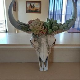 Resin Succulents Cow Skull Wall Pendant Flower Rose White Ox Head European American Home Garden Decorations 240521