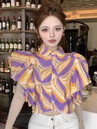 Women's Blouses France Women Fashion Blouse 2024 Summer Sweet Flying Sleeve Single Breasted Casual Office Lady Short Shirt Tops Female