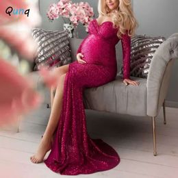 Qunq Autumn Winter New Maternity Wear Women Solid Shoulderless Sequin Mesh High Waist Zipper Dress Pregnancy ropa de maternidad L2405