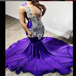 Aso Ebi Purple Prom Dresses 2024 Beaded Crystal Mermaid Evening Dress Plus Size Evening Dress Black Women Gorgeous Sixteen Birthday Party Gowns Vestios De Fiesta