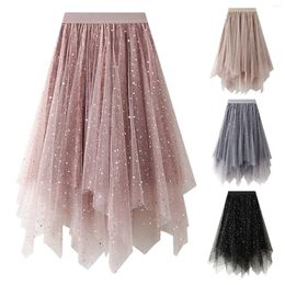 Skirts Womens Mesh Layered Pleated Elastic High Waist Tulle Tutu Irregular Hem Ruffle Prom Party A-Line Midi Skirt