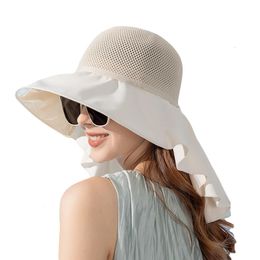 Summer Long Wide Brim Sun Hats For Women UV Neck Protection Fisherman Caps Female Outdoor Shawl Straw Bucket Hat 240515