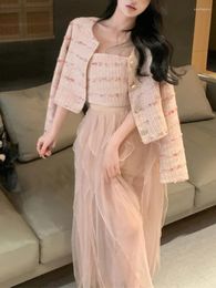 Work Dresses Harajpee Temperament Pink Set Women Autumn Short Coat Bra Top Chiffon Skirt Beautiful Romantic Elegant Three Piece Sets