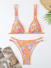 Women's Swimwear Women Bikini Sets 2024 Pink Floral Print High Cut Push Up Swimming Bra Thong Bathing Suits Pool Beach Wear Swimsuit