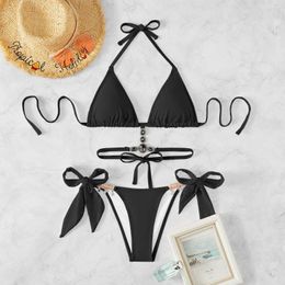 Women's Swimwear 2024 Rhinestone Swimsuit 2-piece Diamond Bikini Set Low Waist Thong Triangle Cup Bandage Backless Beach