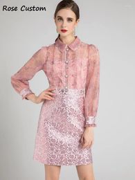 Casual Dresses Red RoosaRosee Turn-down Collar Floral Embroidery Long Sleeve Mesh Jacquard Dress Autumn Winter 2024 Women Vestidos Robe