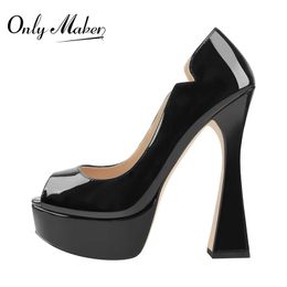 Onlymaker Women Platform Sandals Peep Toe Black Leopard Patent Leather Spike High Heels Slip-On Big Size Concise Shoes