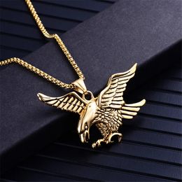 Punk Biker 14K Gold Animal Eagle Hawk Wing Pendants Necklace for Men Jewelry