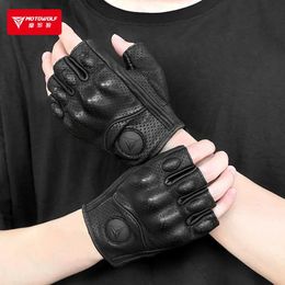 Motowolf Motorcycle Riding Gloves Summer Breathable Half Finger Men Black Genuine Leather Anti Drop Perforated Fingerless Gloves 240521