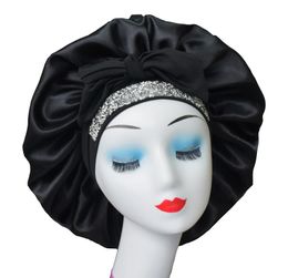 high quality satin rhinestone luxury bling bonnet hair sleep cap with tie strap1332938