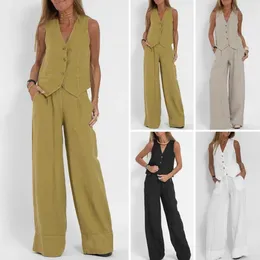 Women's Two Piece Pants Women Suit Set Stylish Business For With Vest Wide Leg Cotton Linen Autumn Office Wear