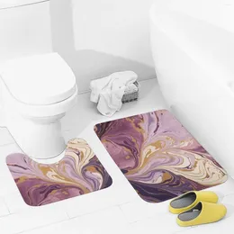 Bath Mats Bathroom Rugs Sets 2 Piece Purple And Gold Marble Absorbent U-Shaped Contour Toilet Rug