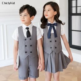 Boys Summer School Uniform Vest Shirt Shorts Girls Waistcoat Skirts Kids Kindergarten Dress Clothes Sets Child Students Outfits 240515