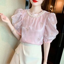 Women's Blouses O Neck Beading Chiffon High Grade Summer Korean Fashion Style Mujer Puff Sleeve Chic Loose Shirts Q651