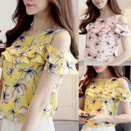 Women's Blouses Women Tops Ice Silk Soft Chiffon Shoulder Floral Off Print Summer Ruffles Casual Blouse Light Shirts For Female