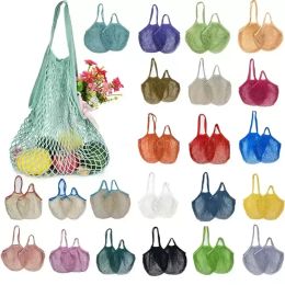 US Warehouse Mesh Bags Washable Reusable Cotton Grocery Net String Shopping Bag Eco Market Tote for Fruit Vegetable Portable short and long handles Wholesale