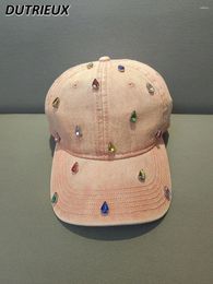 Ball Caps Spring And Summer Rhinestone Soft Peaked Cap Sweet Light Pink Denim Baseball Versatile Casual Sun-Proof Floppy Hat