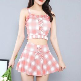 Women's Swimwear Korean Tankinis Set Women Plaid Print Ruffles Crop Tops Swimsuit And Beach Skirt Female Monokini Summer Bikini