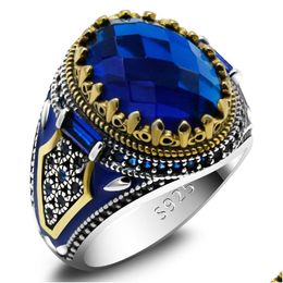 Solitaire Ring Turkish Jewelry Mens With Blue Glass Stone 925 Sterling Sier Vintage King Crown Cz Enamel Ladies And Drop Delivery Dho5M