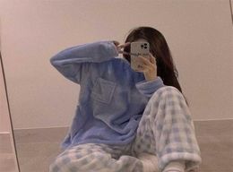QWEEK Velvet Pajama Woman Winter Korean Style Plaid Pants Flannel Two Piece Home Clothes Pyjamas Trouser Suits Pijamas Sleepwear 27086494