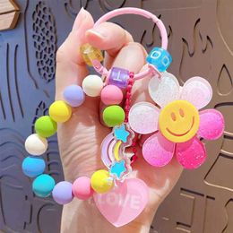 Keychains Lanyards Cute Smiling Flower Keychains Korean Style Sweet Colourful Sunflower Keyrings With Beaded Chains Acrylic Flowers Keys Accessories Q240521