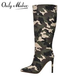 Onlymaker Woman Pointed Toe Camouflage Rhinestones Knee High Boots Thin High Heels Zipper Plus Size Female Stiletto Boots