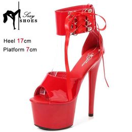 Dress Shoes 17CM Modern Sandals Open Toe Strap Fashionable and Sexy Womens Platform High Heel Sandals Pole Dance Lace Womens Shoes H240521