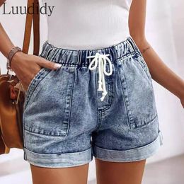 Women's Shorts Women Casual Solid Colour Elastic Drawstring Lace-up Pockets Design High Waist