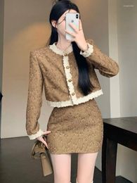 Work Dresses Fall Winter Small Fragrance Vintage Two Piece Set Women Lace Ruffless Jacket Coat Mini A-Line Skirts Sets Office 2 Suits