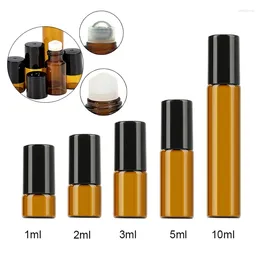 Storage Bottles 5pcs/Pack 1ml 2ml 3ml 5ml 10ml Amber Glass Roll On Bottle With Metal /Glass Ball Thin Roller Essential Oil Vials Perfume