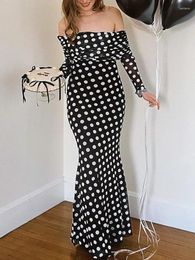 Casual Dresses Sexy Strapless Print Dots Women Maxi Dress Black Off Shoulder Evening Summer Skinny Elegant Party Clubwear 2024