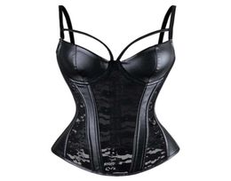 Sexy Steampunk Bustier Corset Leather And Lace Punk Gothic Clothes Overbust Corset Femme Black Straps Slimming Waist Body Shaper5855034