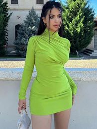 Casual Dresses BOOFEENAA Stylish Ruched Bodycon Dress Winter Long Sleeve Short Green Blue Black Sexy Club Outfits For Women C70-BF24