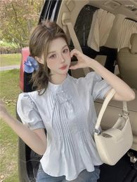 Women's Blouses 2024 The Style Of French Sweet Design Dish Button Pressure Pleated Bubble Sleeve Shirt Woman