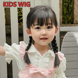 Childrens Wigs Girl Hair Accessories Toddler Hoods Junior Black Long Braids Headwear for Kids Girly Headdress Baby Tiara 45cm 240521