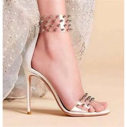 Women Fashion Newest Open Toe Clear PVC Rivet Beaded Stiletto Transparent Back Zipper-up High Heel e95