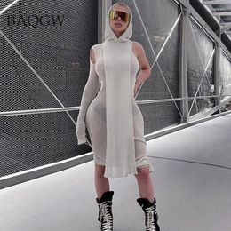 Work Dresses Knitted Dress Suit Women Sexy See Through X-Long Hoody Tops One Shoulder Drawstring Ruched Robe Skirt Streetwear Two Piece Set