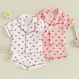 Citgeett Summer Valentines Day Kids Toddler Baby Girl Pajama Set Button Short Sleeve Tops Elastic Waist Heart Print Shorts 240521