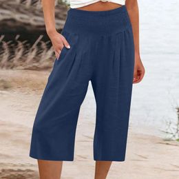 Women's Pants Summer Cotton Linen Solid Color Elastic Waist Casual Sports Capri Lady Teen Girls Loose Comfy Trousers