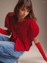 Women's Blouses Summer Vintage Cute Red Shirt Women Blouse Tops 2024 Korean Fashion Retro Bubble Sleeve Female Shirts