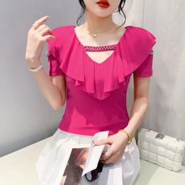 Women's T Shirts Women Mesh Off Shoulder Short Sleeved Summer Sexy Hollow Out Diamond Tees Blusas Ladies Fashion V-Neck Ruffle Top