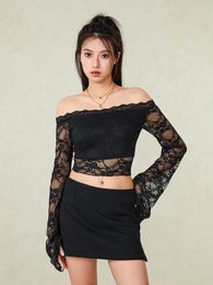 Women's T Shirts Women Sexy Lace Long Sleeve Crop Tops Backless Slim Fit Blouse Tee Top Clubwear