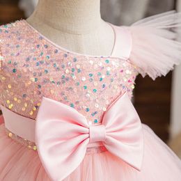 Baby Sequins Flower Tutu Gown Wedding Party Bow Princess Girl Fly Sleeves Dress Inafnt 1st Birthday Outfits Formal Gala Costume