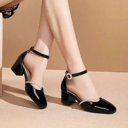 Women String Bead Woman Summer Sandals Square Thick Mid Heels Buckle Strap Cover Round Toe Pu Leather Ladi 02a