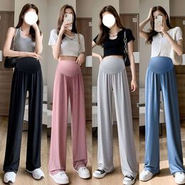 Maternity Belly Solid Color High Waist Thin Cool Pregnant Woman Straight Trousers Long Loose Pregnancy Pants L2405