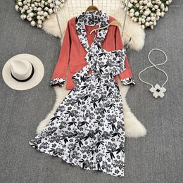 Work Dresses Women 2 Piece Sets Casual Fashion Suits Three-quarter Sleeve Jackets Suspenders Slim Waist Floral Dress Outfits